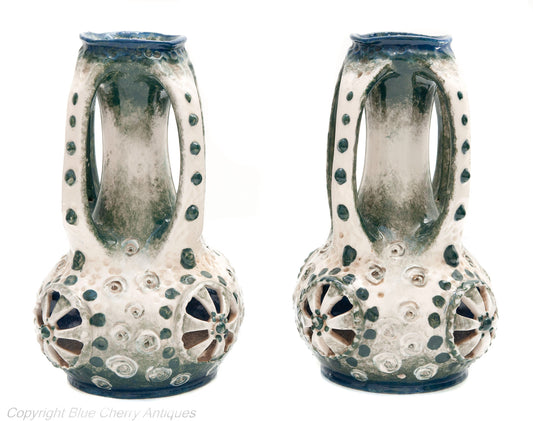 Pair Antique Imperial Amphora Austria Turn Teplitz Art Pottery Morania Vases (Code 1650)
