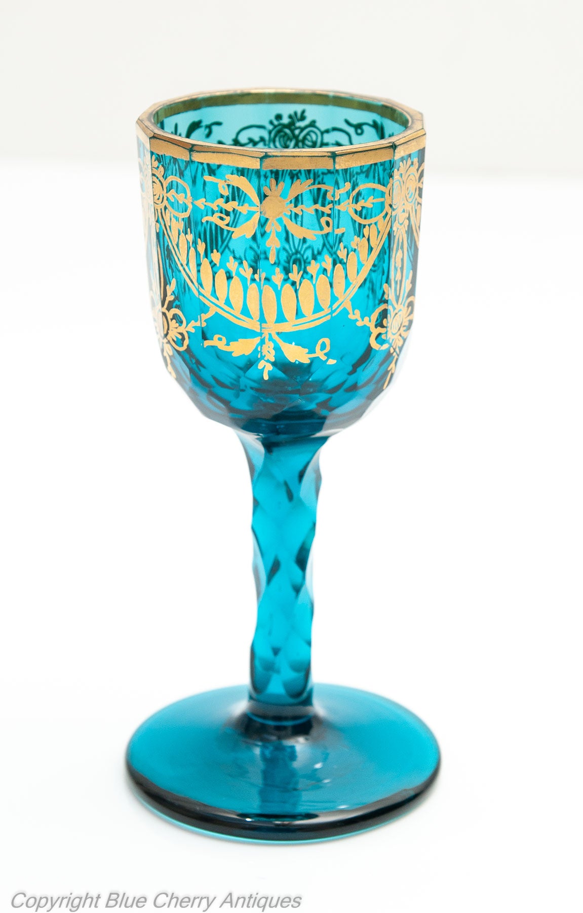 Antique Bohemian Kingfisher Blue & Gilded Facet Cut Wine Glass Georgian c1820 (Code 1653)