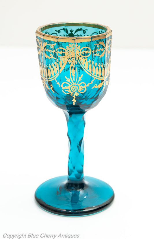 Antique Bohemian Kingfisher Blue & Gilded Facet Cut Wine Glass Georgian c1820 (Code 1653)
