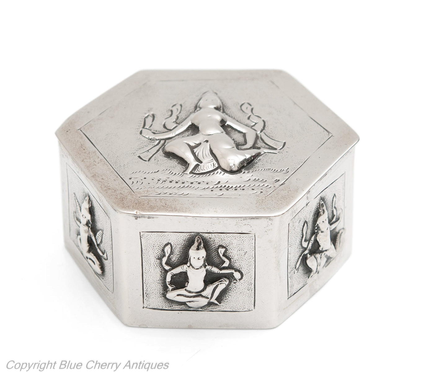Antique Indian Swami Madras Silver Hexagonal Box with Hindu Gods & Hinged Lid (Code 1679)