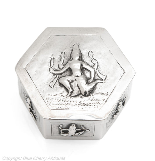 Antique Indian Swami Madras Silver Hexagonal Box with Hindu Gods & Hinged Lid (Code 1679)