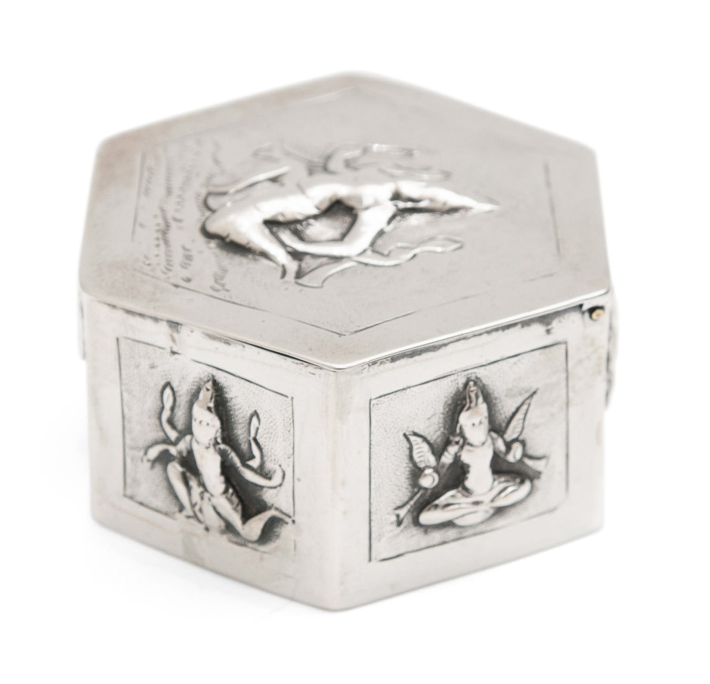 Antique Indian Swami Madras Silver Hexagonal Box with Hindu Gods & Hinged Lid (Code 1679)