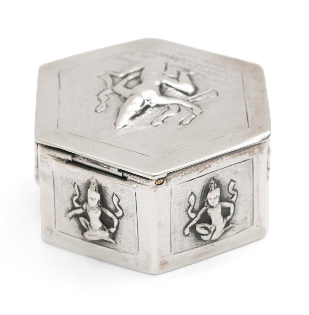 Antique Indian Swami Madras Silver Hexagonal Box with Hindu Gods & Hinged Lid (Code 1679)
