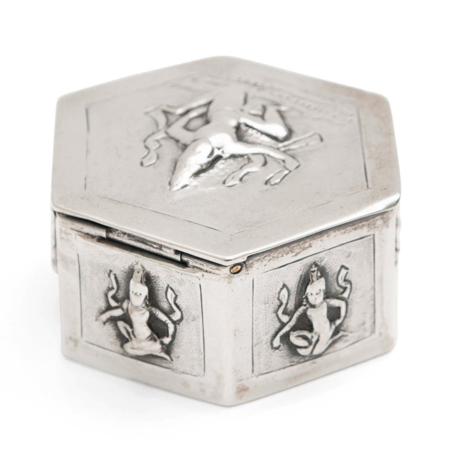 Antique Indian Swami Madras Silver Hexagonal Box with Hindu Gods & Hinged Lid (Code 1679)