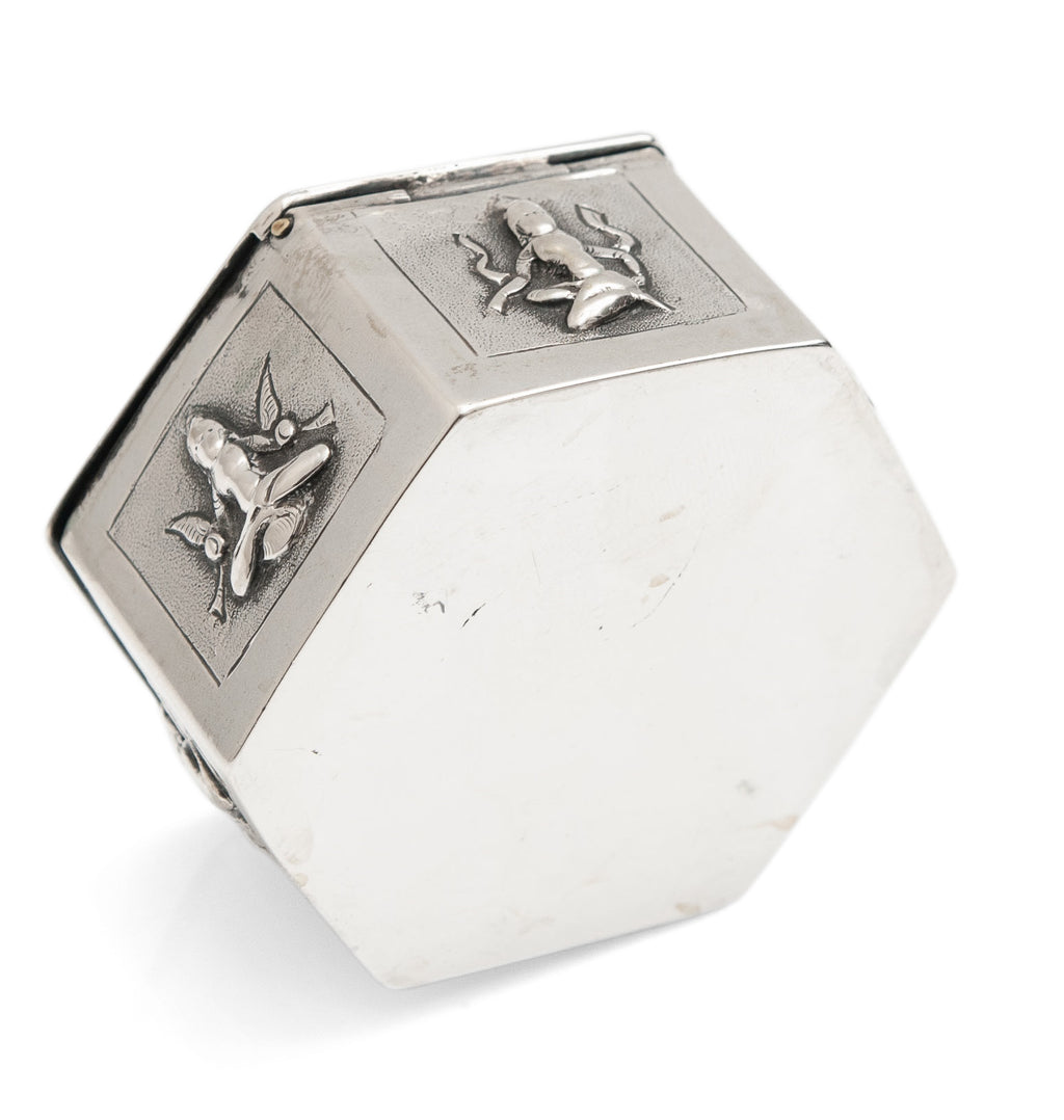 Antique Indian Swami Madras Silver Hexagonal Box with Hindu Gods & Hinged Lid (Code 1679)