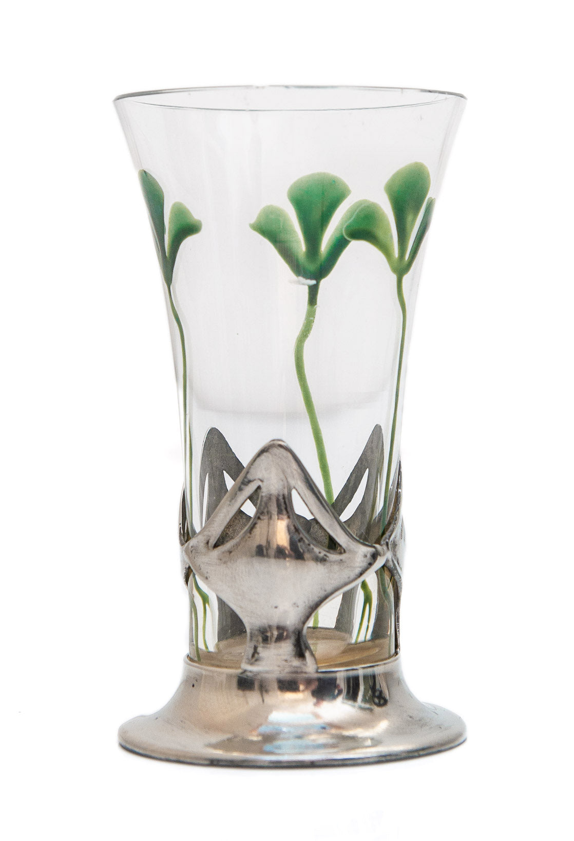 Antique Art Nouveau Polished Pewter Metal & Green Enamel Shot Glass (Code 1693)