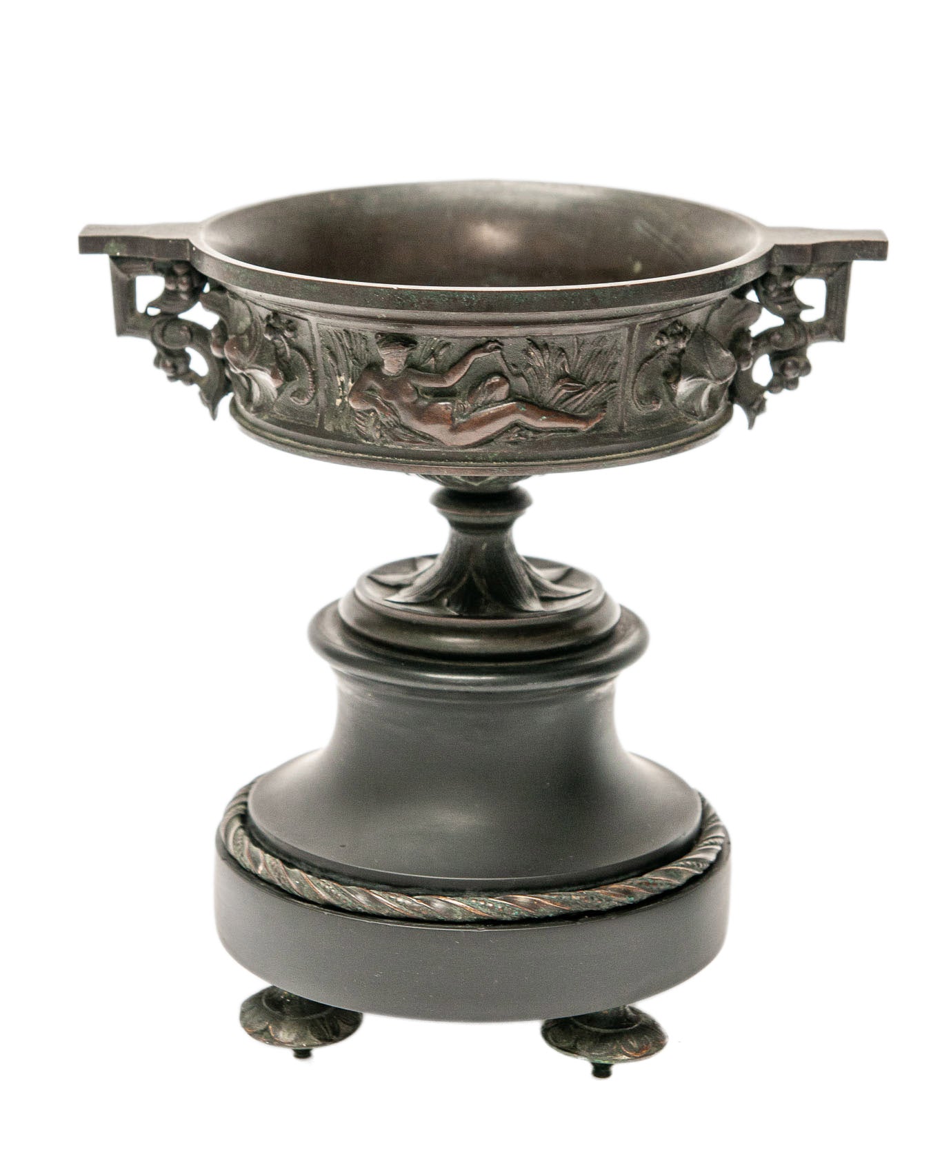 Pair Antique French Bronze & Black Stone Classical Urns with Reclining Figures (Code 1747)