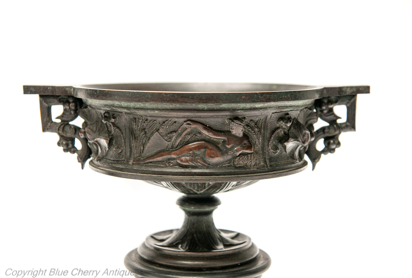 Pair Antique French Bronze & Black Stone Classical Urns with Reclining Figures (Code 1747)