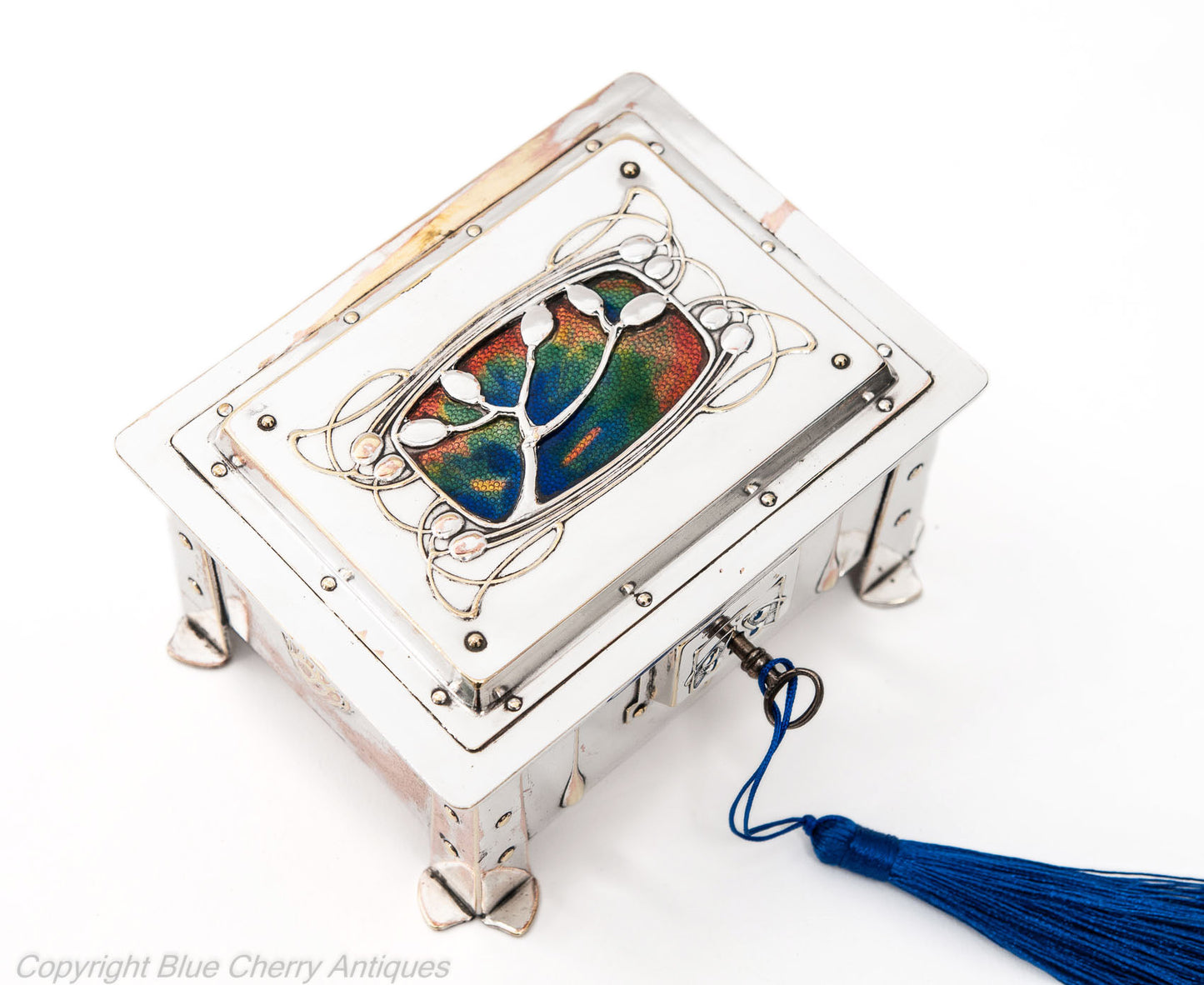 Antique Arts & Crafts Silver Plated & Enamel Nouveau Design Jewellery Box (Code 1756)