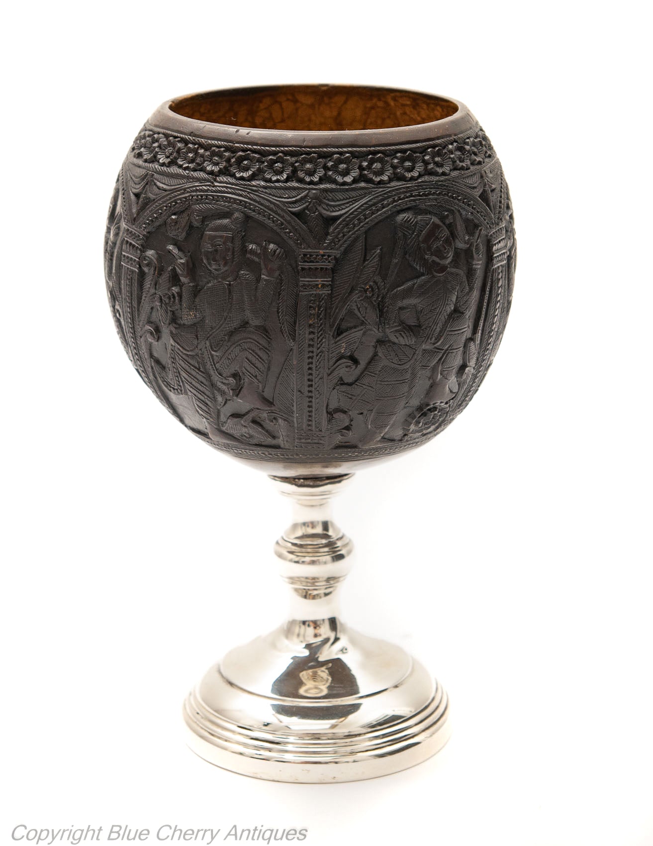 Antique South East Asian Carved Coconut Cup On Silver Pedestal Base c1800 (Code 1780)