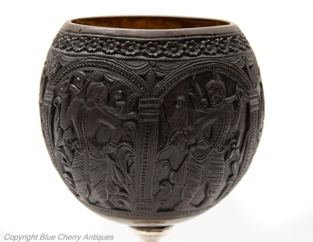 Antique South East Asian Carved Coconut Cup On Silver Pedestal Base c1800 (Code 1780)
