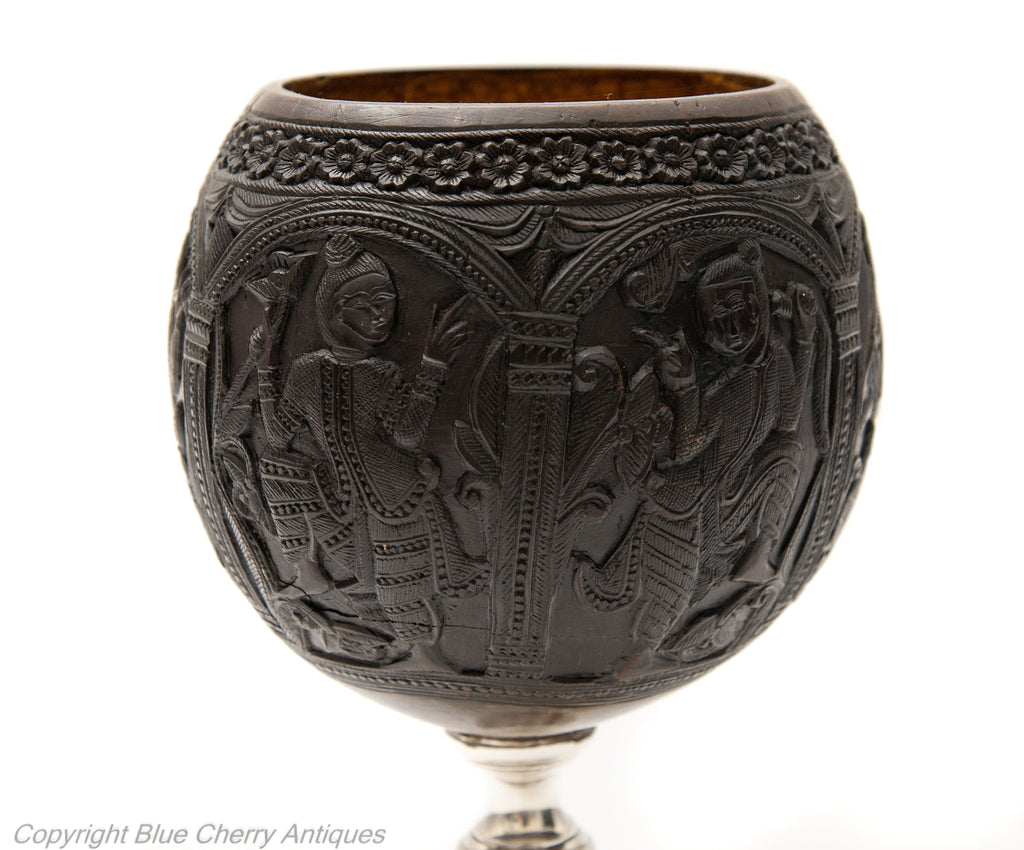Antique South East Asian Carved Coconut Cup On Silver Pedestal Base c1800 (Code 1780)