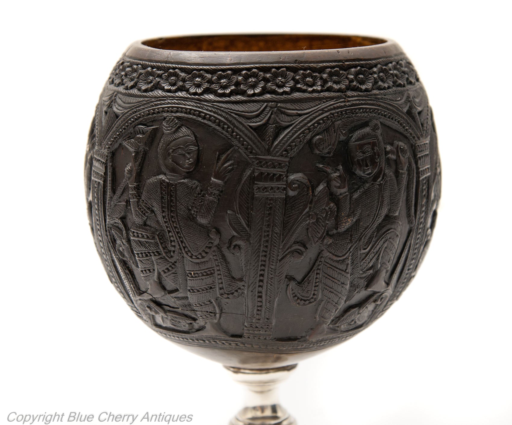 Antique South East Asian Carved Coconut Cup On Silver Pedestal Base c1800 (Code 1780)