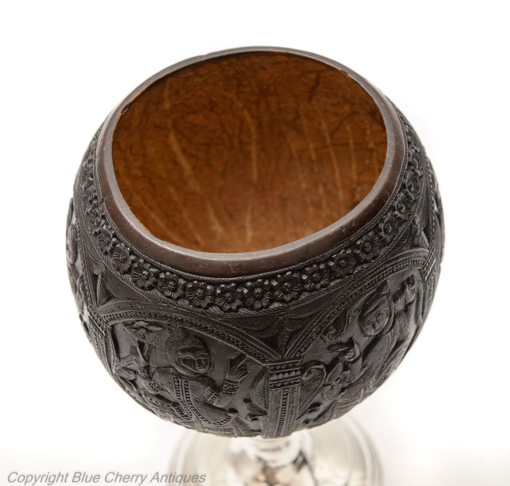 Antique South East Asian Carved Coconut Cup On Silver Pedestal Base c1800 (Code 1780)