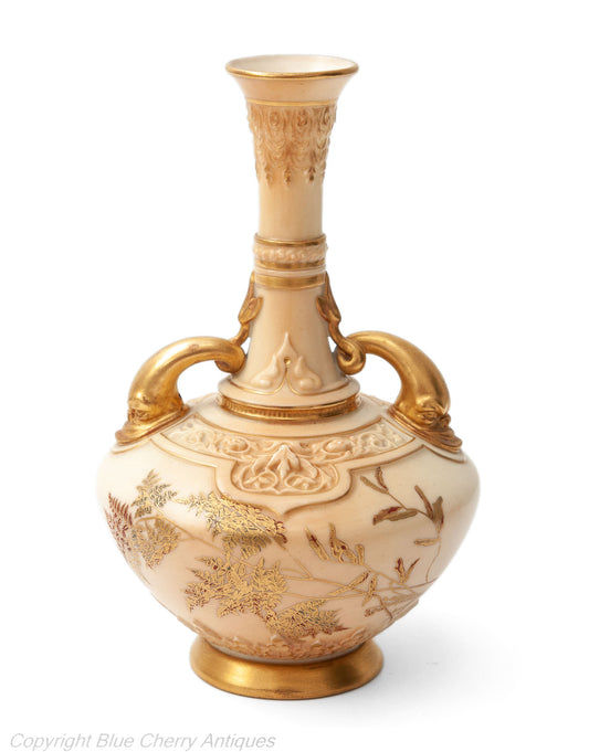 Antique Royal Worcester China Persian Range Dolphin Handled Ivory Ware Vase - Code 1793