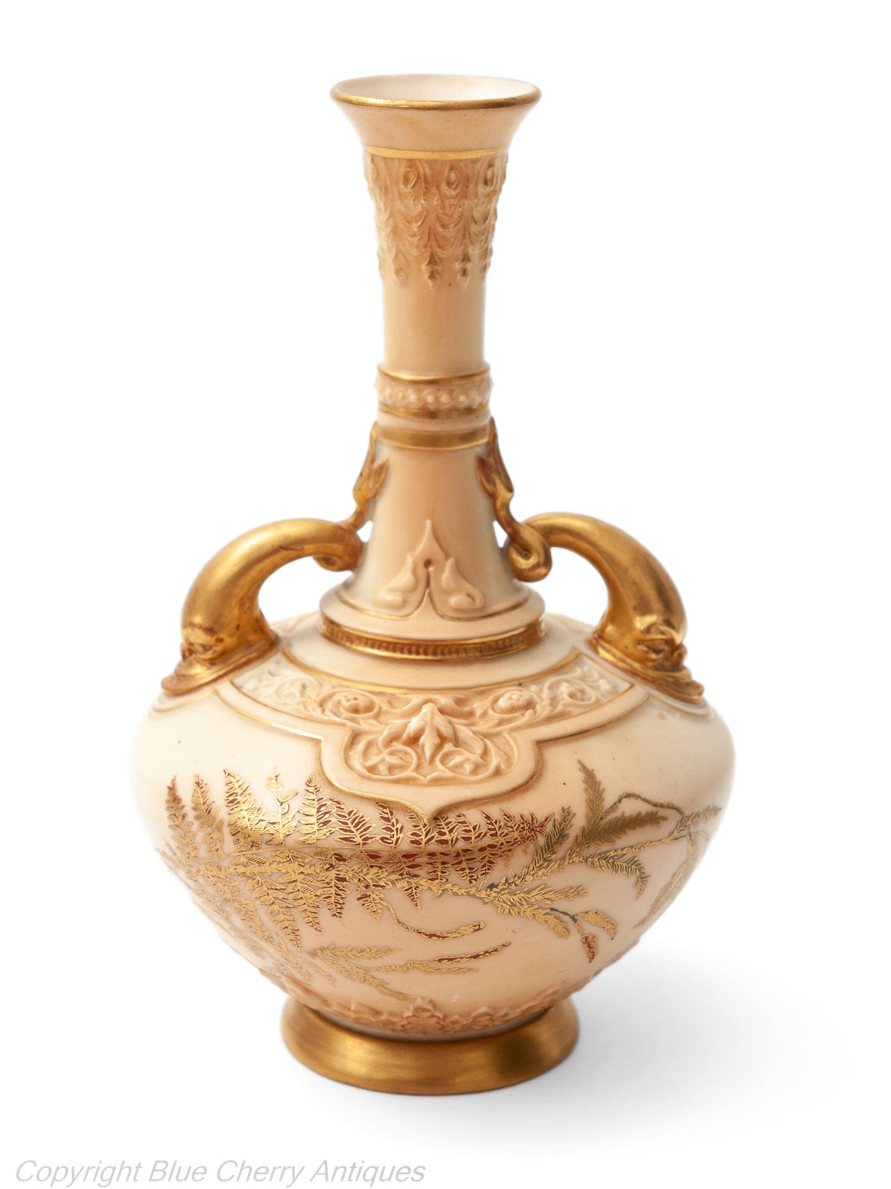 Antique Royal Worcester China Persian Range Dolphin Handled Ivory Colour Vase - Code 1794