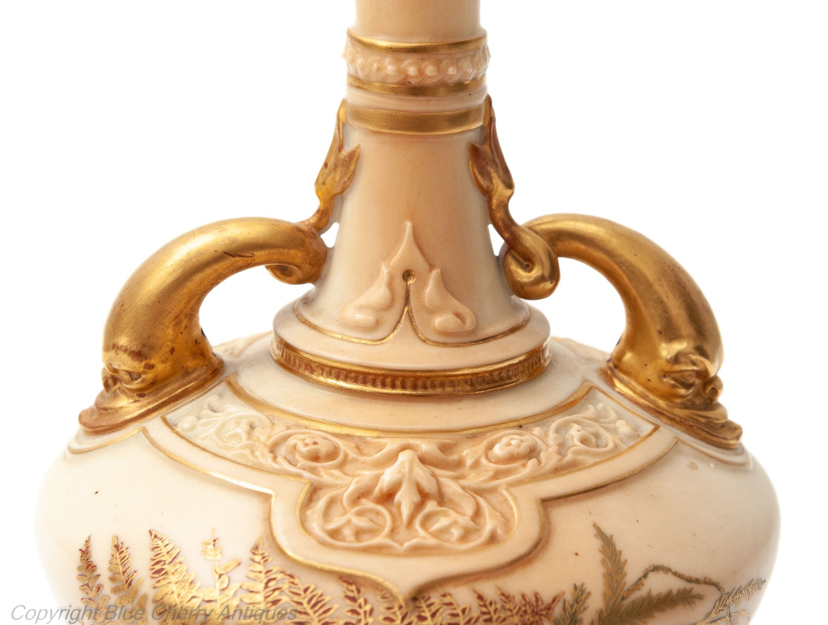Antique Royal Worcester China Persian Range Dolphin Handled Ivory Colour Vase - Code 1794