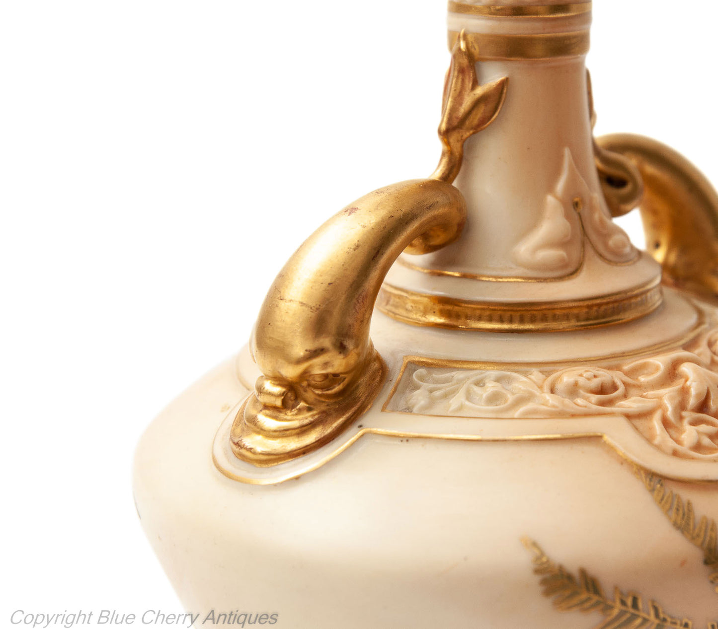 Antique Royal Worcester China Persian Range Dolphin Handled Ivory Colour Vase - Code 1794