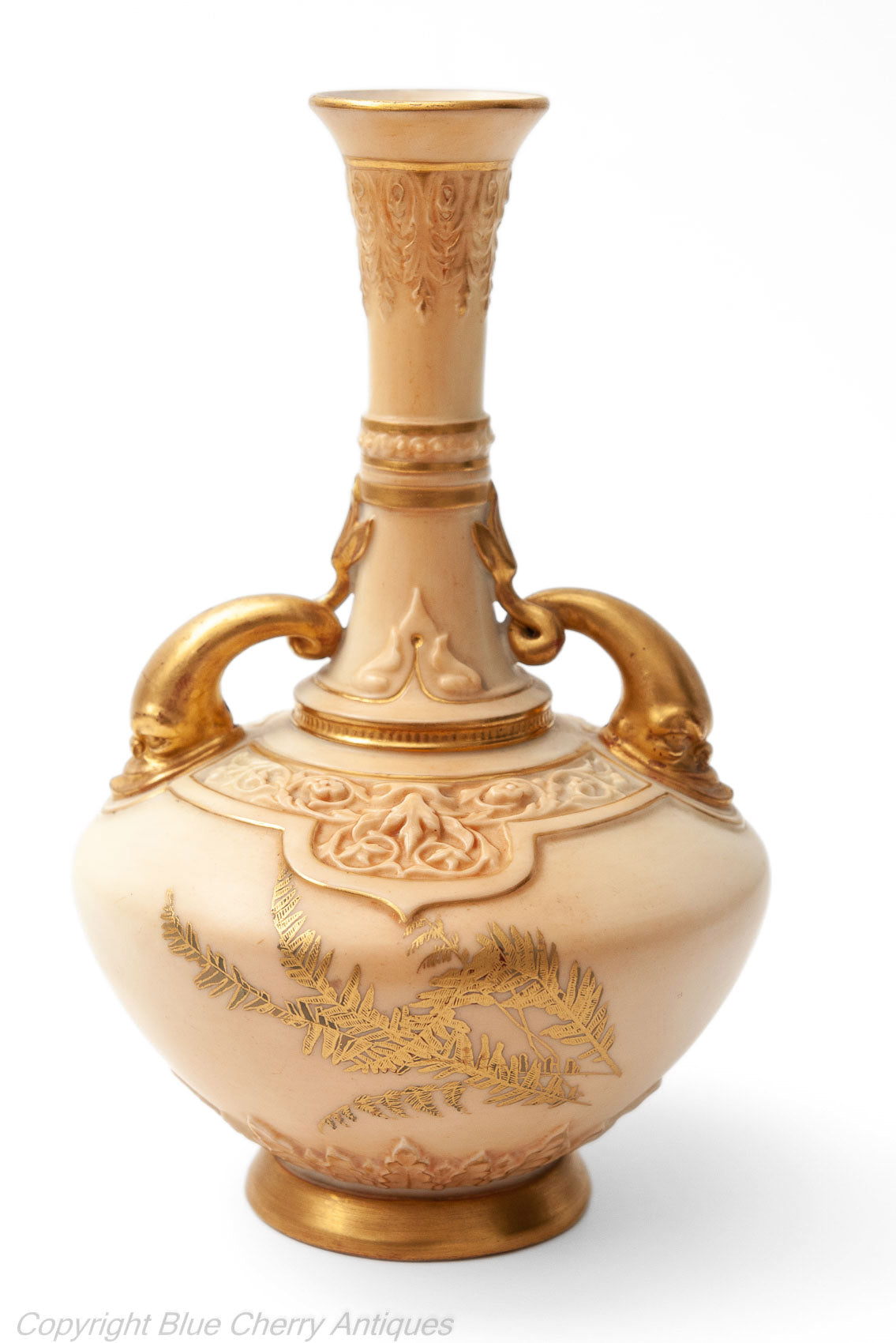 Antique Royal Worcester China Persian Range Dolphin Handled Ivory Colour Vase - Code 1794