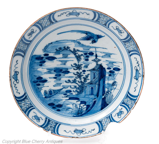 Antique Dutch Delft Pottery Faience Glaze Large Arita Design Blue & White Plate (Code 1799B)