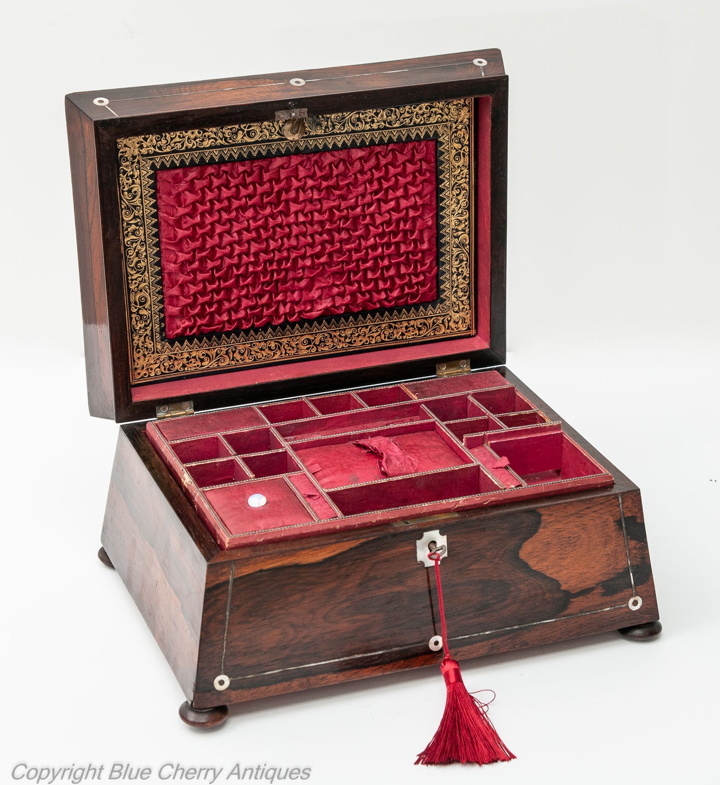 Antique 19th Century Rosewood & Mother of Pearl Ladies Work Box with Lock & Key (Code 1808)