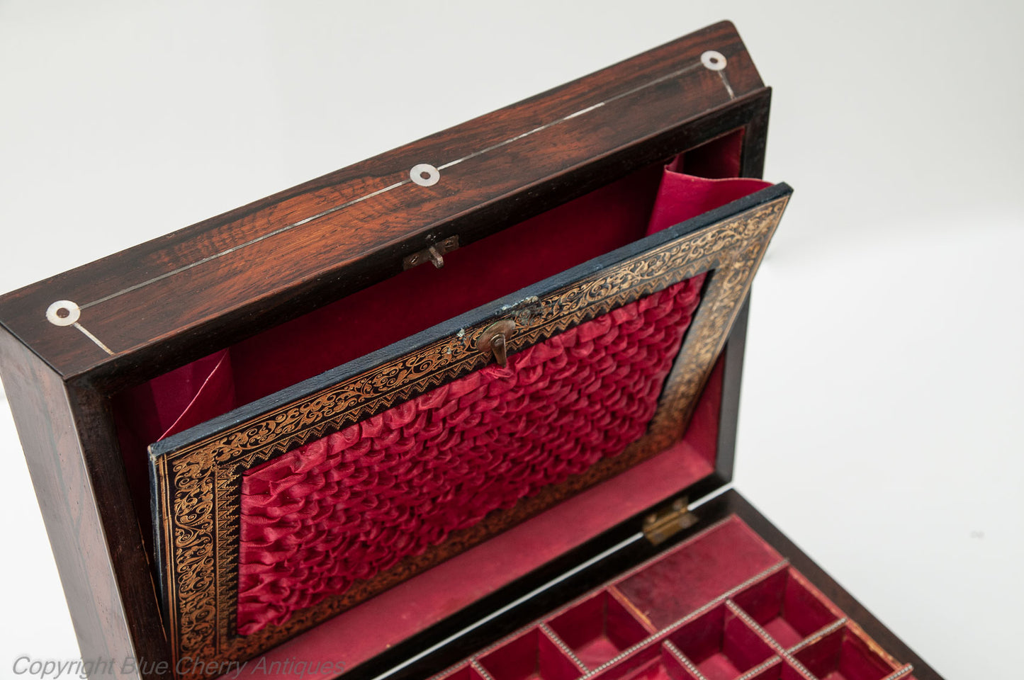 Antique 19th Century Rosewood & Mother of Pearl Ladies Work Box with Lock & Key (Code 1808)