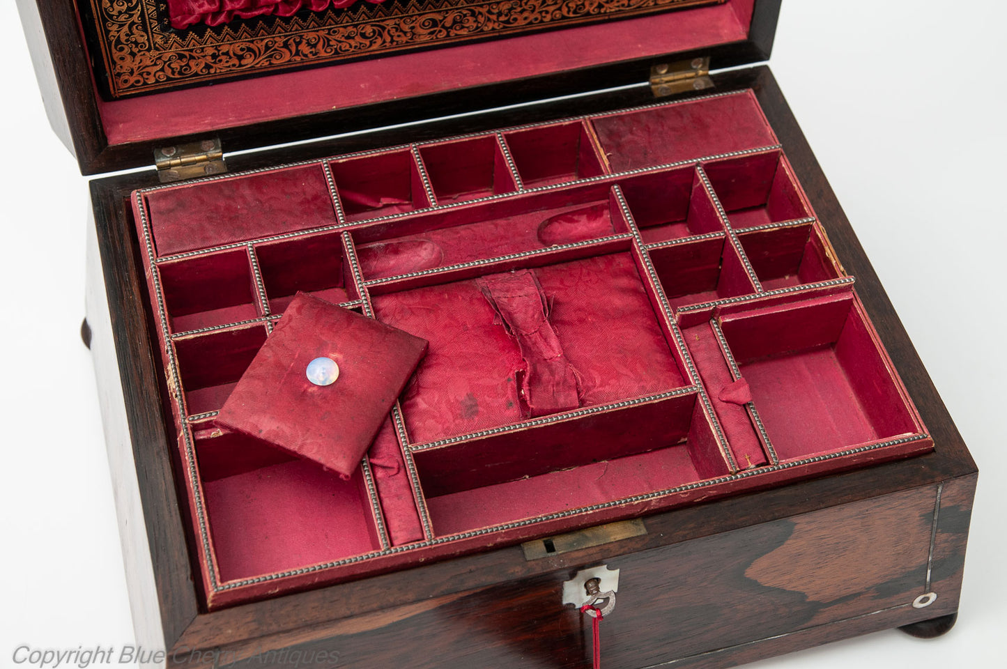 Antique 19th Century Rosewood & Mother of Pearl Ladies Work Box with Lock & Key (Code 1808)