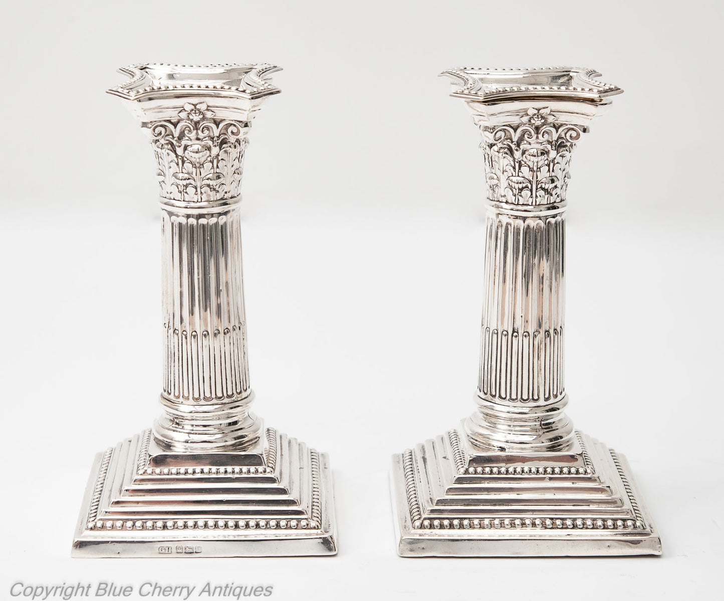 Pair Antique Edwardian Sterling Silver Corinthian Column Candlesticks Sheffield 1908 (Code 1815)