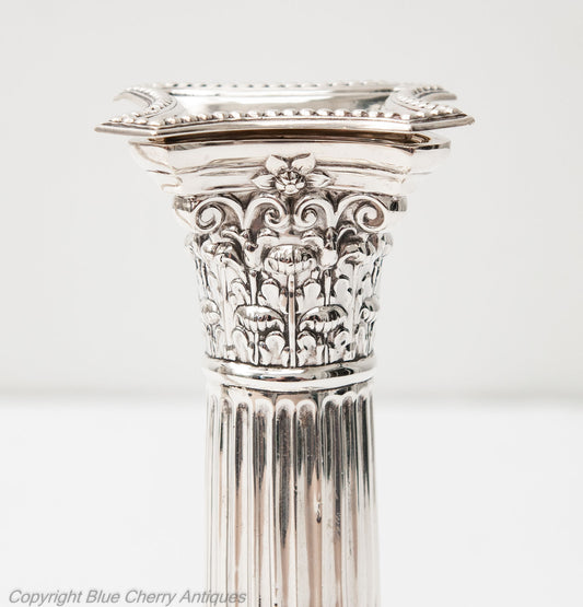 Pair Antique Edwardian Sterling Silver Corinthian Column Candlesticks Sheffield 1908 (Code 1815)