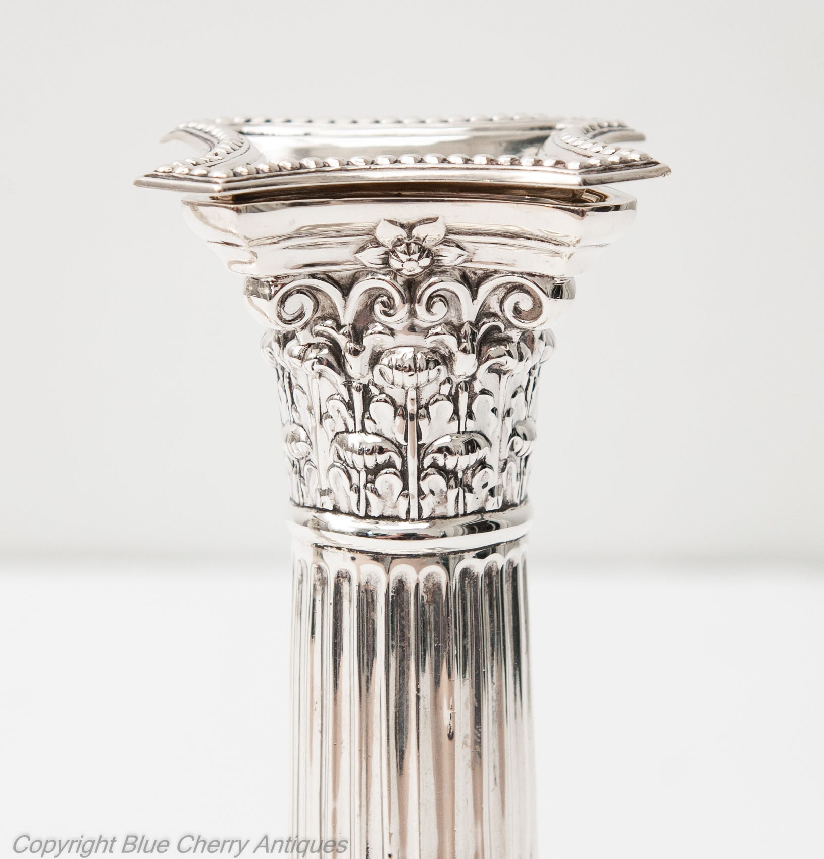 Pair Antique Edwardian Sterling Silver Corinthian Column Candlesticks Sheffield 1908 (Code 1815)