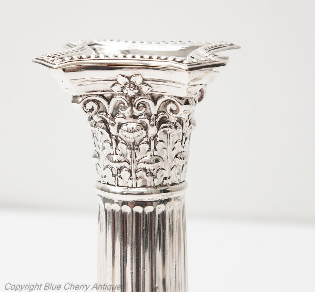 Pair Antique Edwardian Sterling Silver Corinthian Column Candlesticks Sheffield 1908 (Code 1815)