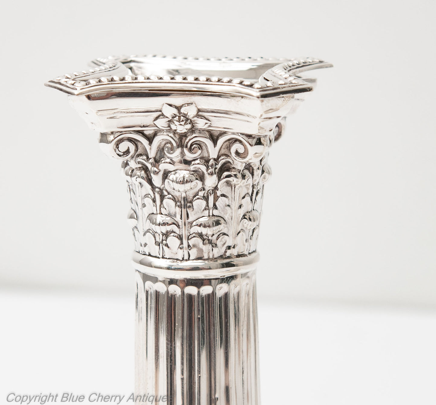 Pair Antique Edwardian Sterling Silver Corinthian Column Candlesticks Sheffield 1908 (Code 1815)