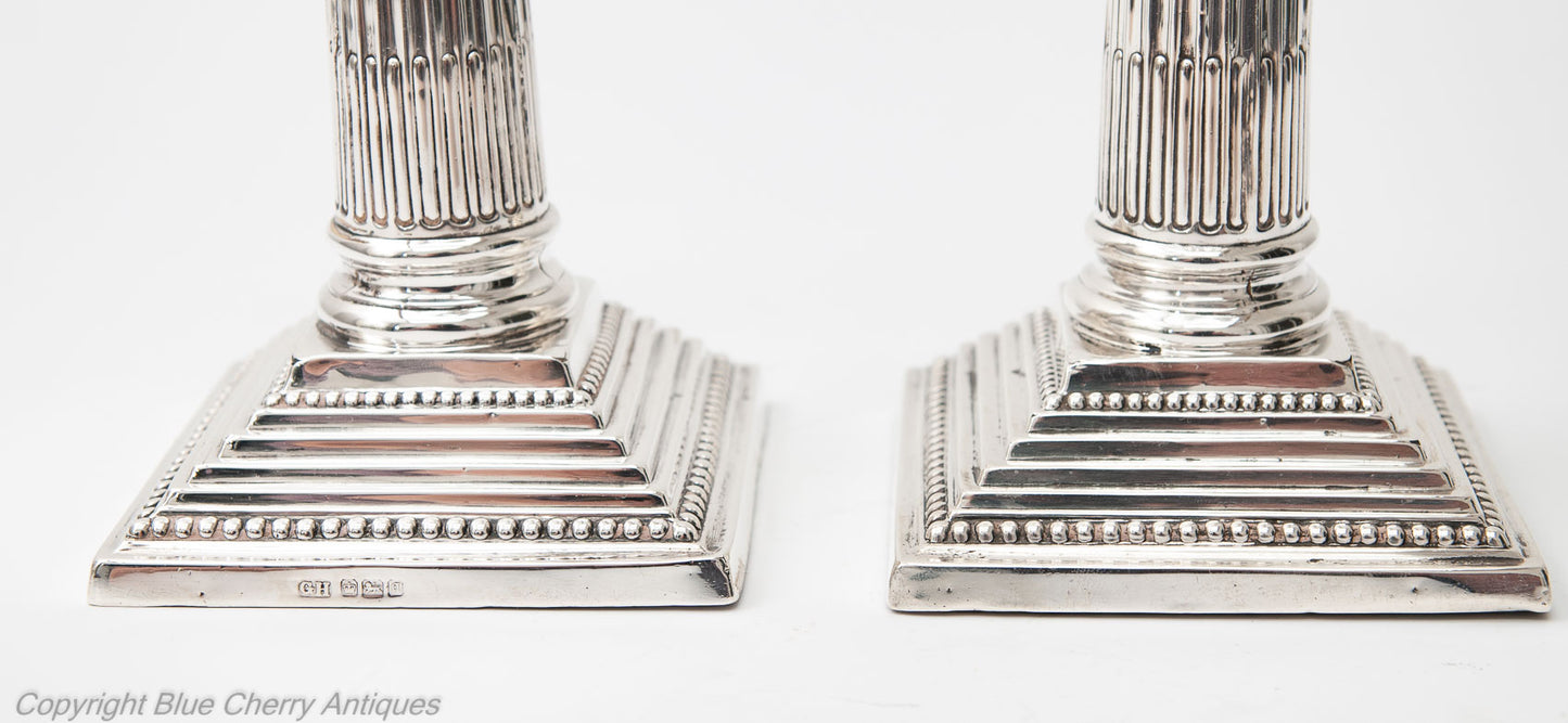Pair Antique Edwardian Sterling Silver Corinthian Column Candlesticks Sheffield 1908 (Code 1815)