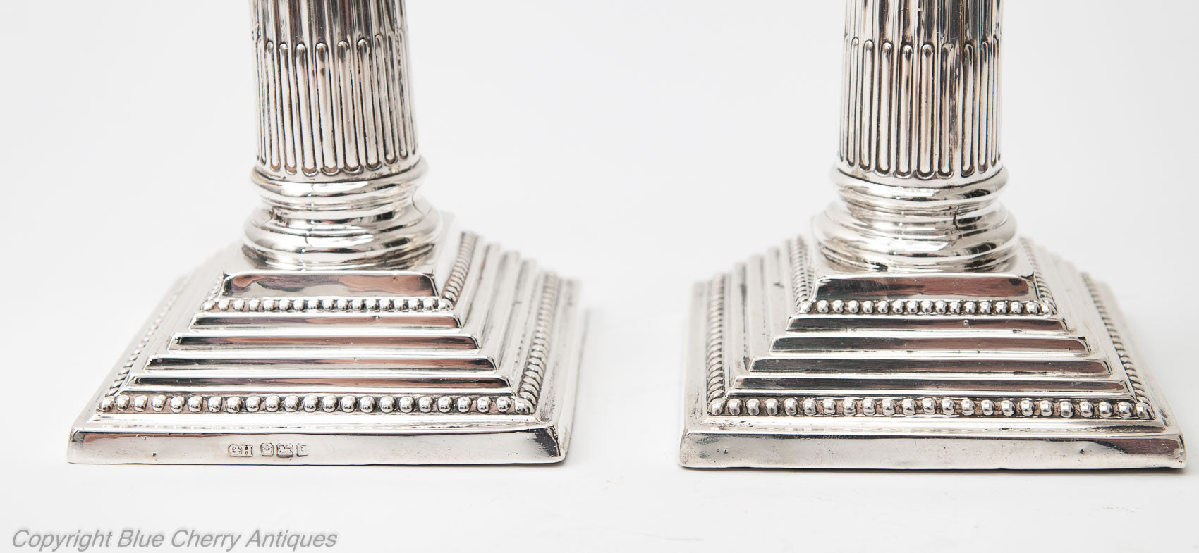 Pair Antique Edwardian Sterling Silver Corinthian Column Candlesticks Sheffield 1908 (Code 1815)
