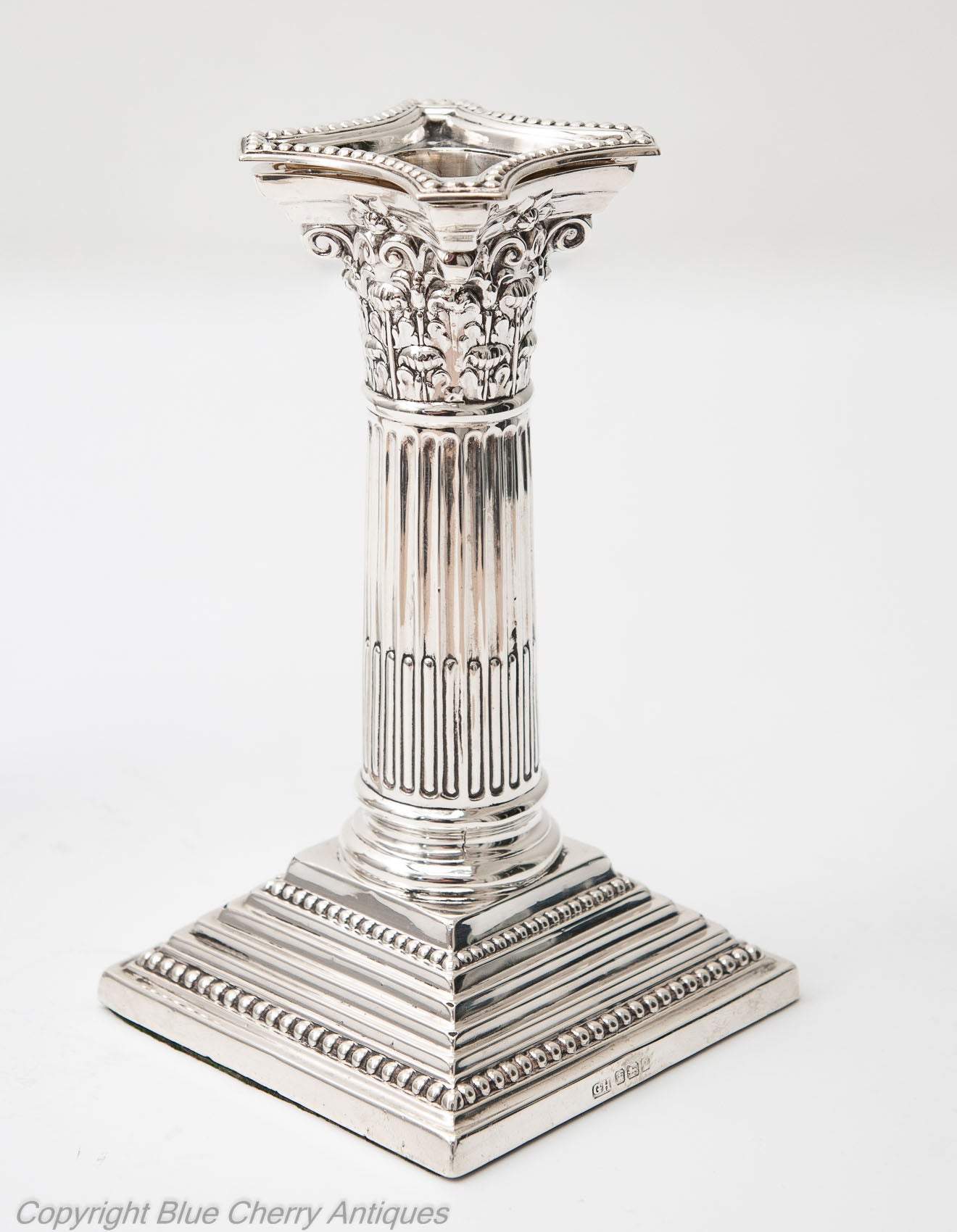 Pair Antique Edwardian Sterling Silver Corinthian Column Candlesticks Sheffield 1908 (Code 1815)