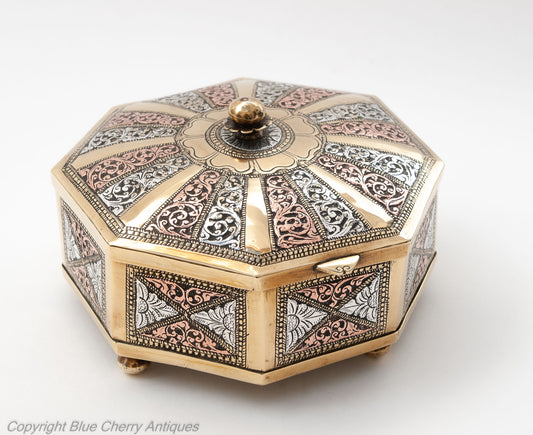 Antique Ceylonese Sri Lankan Brass, Silver & Copper Octagonal Betel Leaf Box (Code 1817)