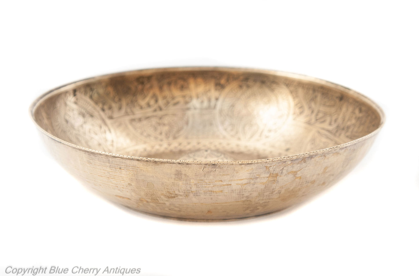 Qajar Antique Middle Eastern Engraved Brass Magic Bowl with Islamic Calligraphic Script (Code 1819)