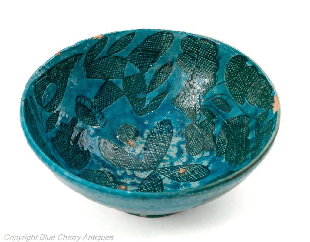 Antique Middle Eastern/ Qajar Large Turquoise Glaze Incised Pottery Bowl (Code 1833)