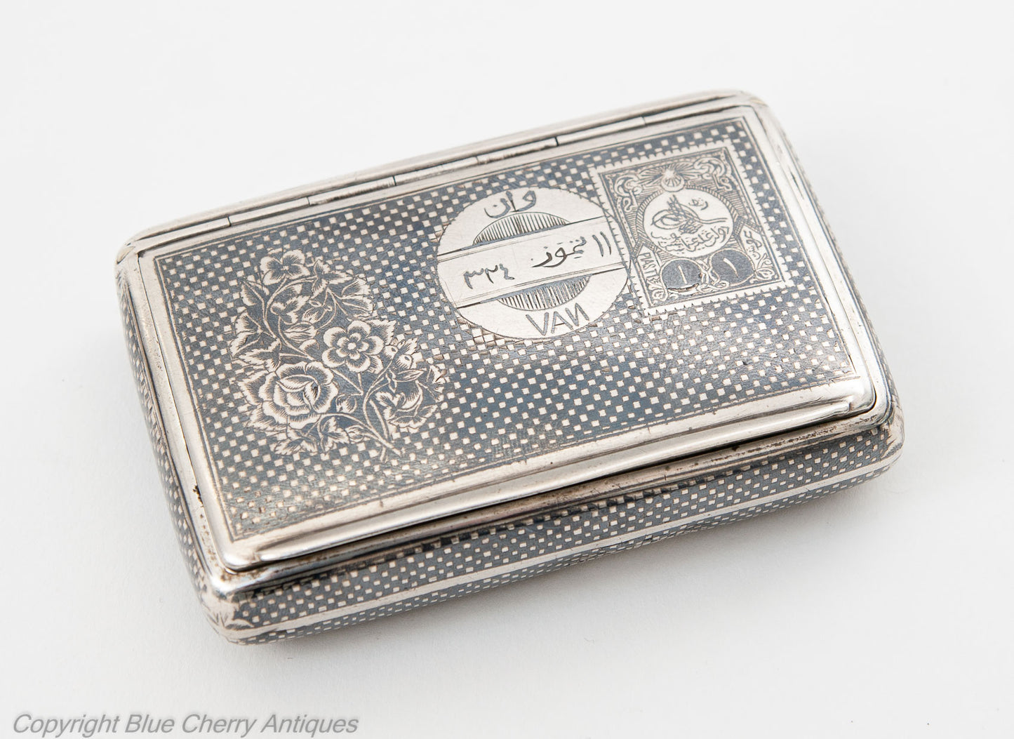 Antique Turkish Armenian Silver Niello Sweetheart Tobacco Case with Tughra Mark (Code 1836)