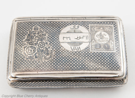 Antique Turkish Armenian Silver Niello Sweetheart Tobacco Case with Tughra Mark (Code 1836)