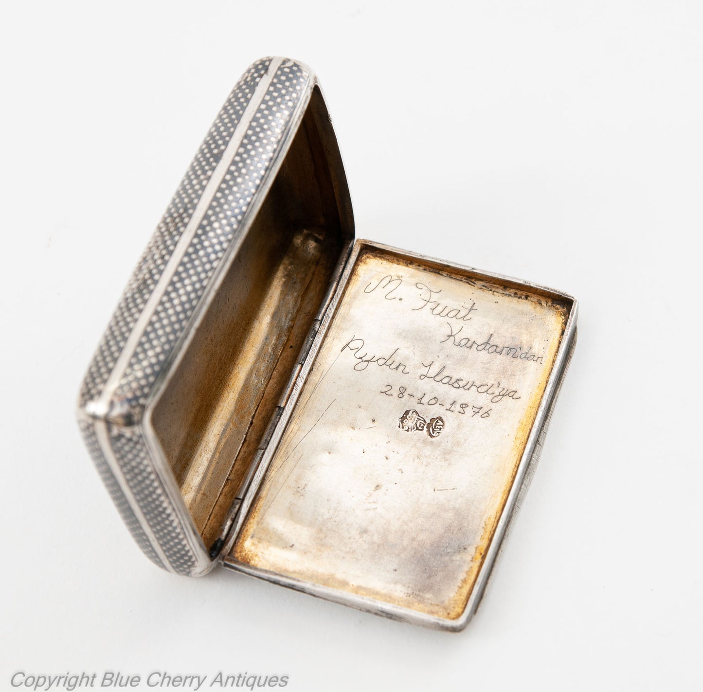 Antique Turkish Armenian Silver Niello Sweetheart Tobacco Case with Tughra Mark (Code 1836)