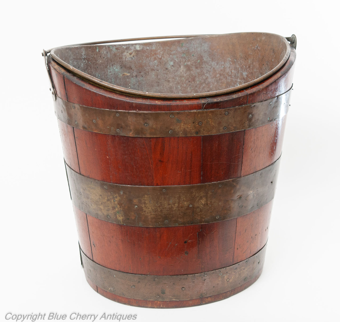 Antique Georgian Mahogany Wood Staved & Brass Peat Bucket with Liner (Code 1847)