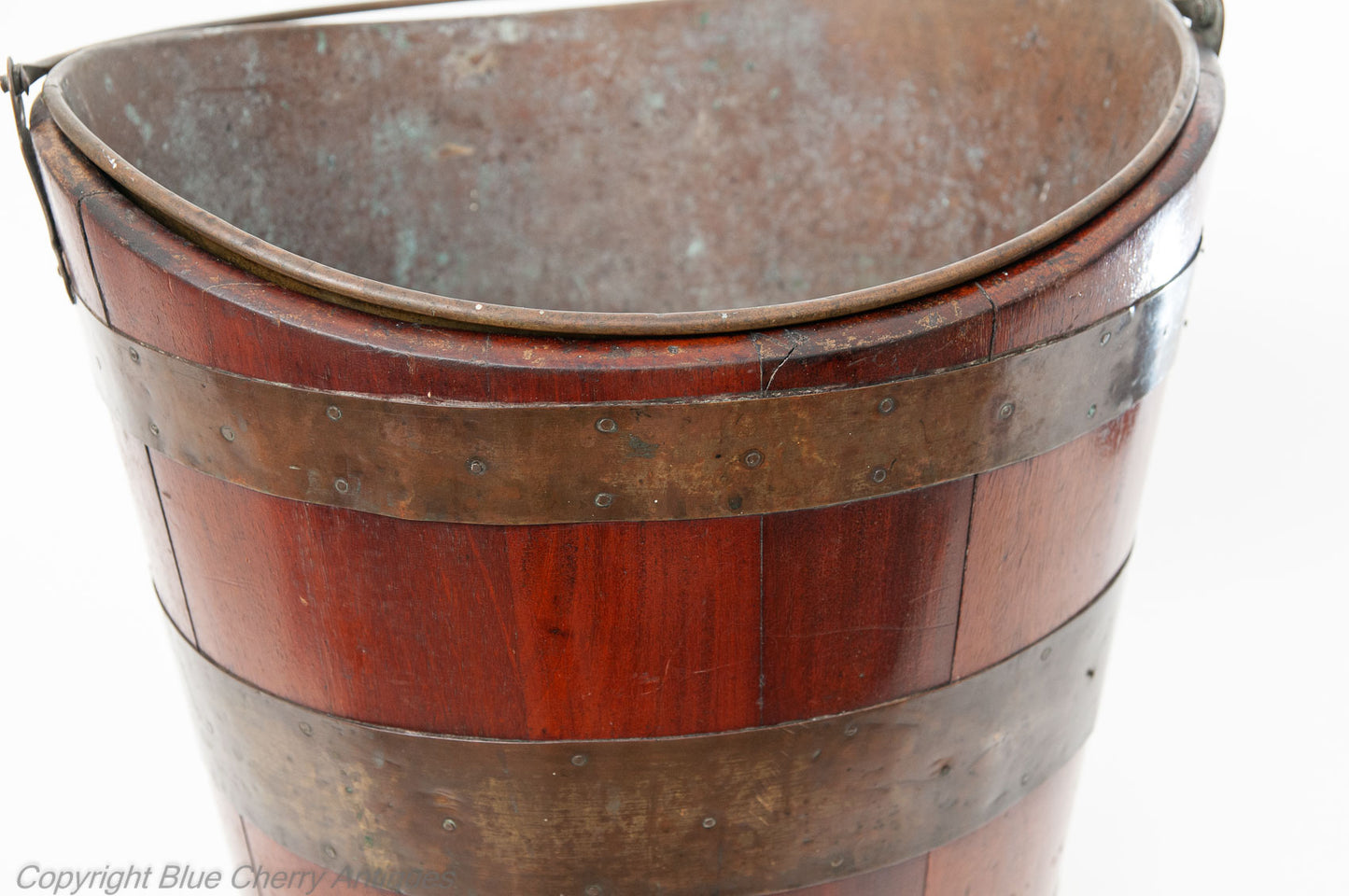 Antique Georgian Mahogany Wood Staved & Brass Peat Bucket with Liner (Code 1847)
