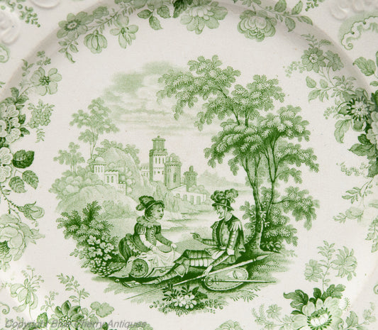19th Century Rockingham Brameld Green Transfer Printed Don Quixote Pattern Plate (Code 1868)