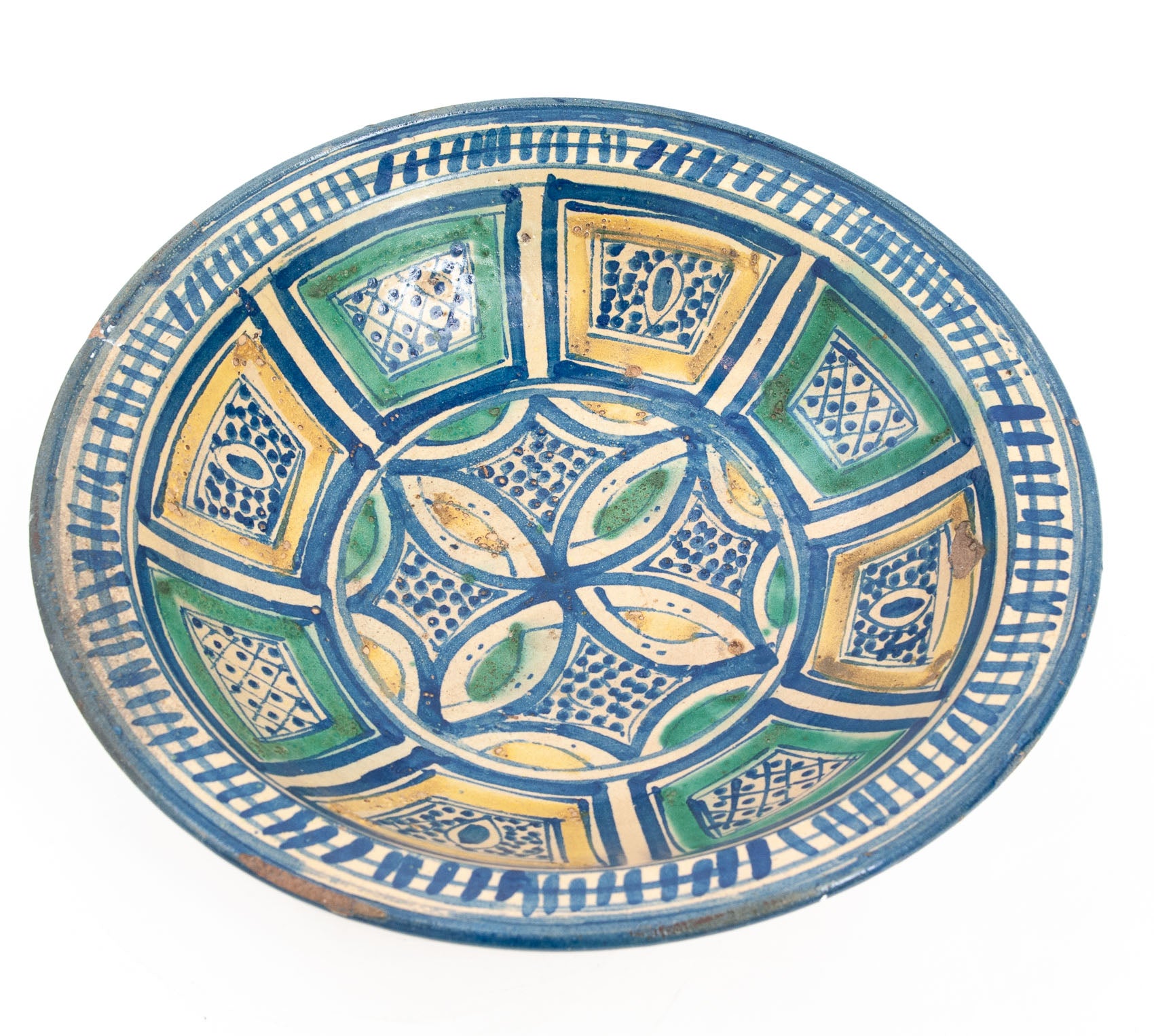 Rare Antique Moroccan Fes (Fez) Hand Made Pottery Slip Glazed Large Bowl (Code 1901)