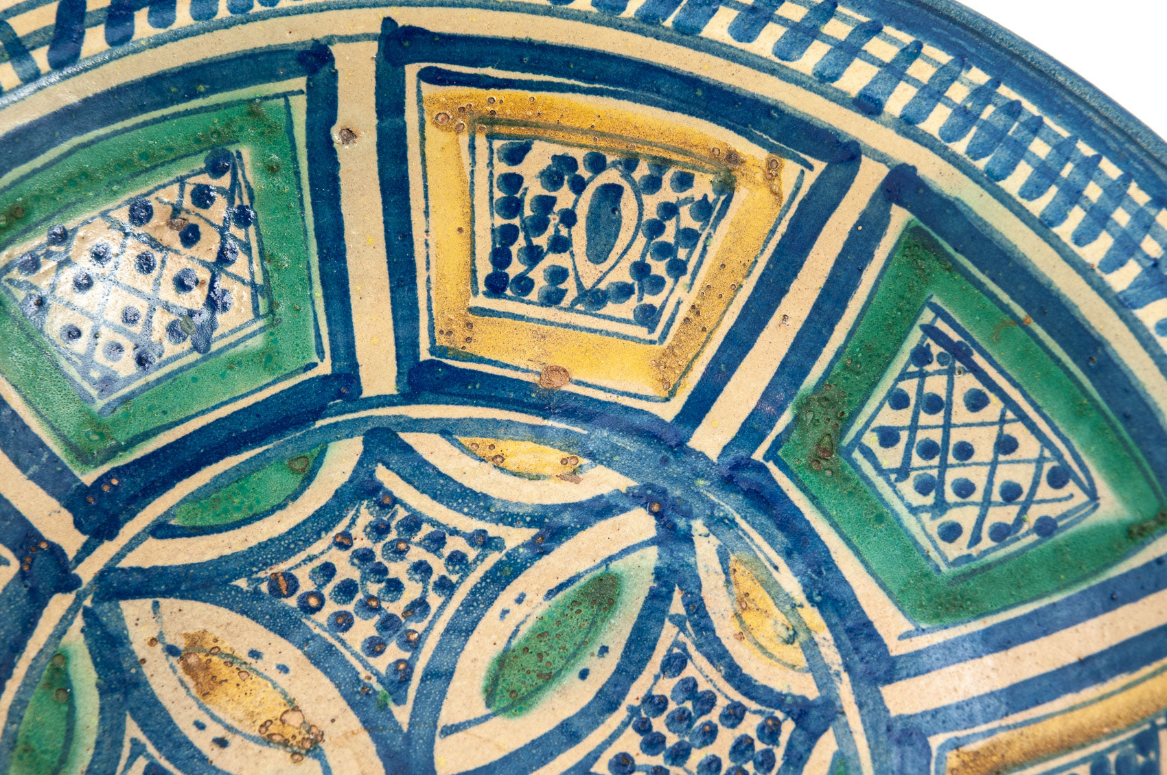 Rare Antique Moroccan Fes (Fez) Hand Made Pottery Slip Glazed Large Bowl (Code 1901)