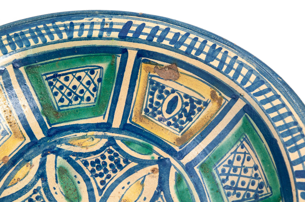 Rare Antique Moroccan Fes (Fez) Hand Made Pottery Slip Glazed Large Bowl (Code 1901)