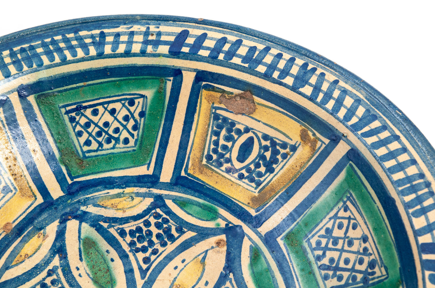 Rare Antique Moroccan Fes (Fez) Hand Made Pottery Slip Glazed Large Bowl (Code 1901)