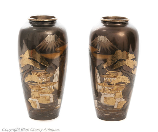 Pair Antique Meiji Japanese Bronze & Mixed Metal Damascene Vases with Mount Fuji (Code 1908)
