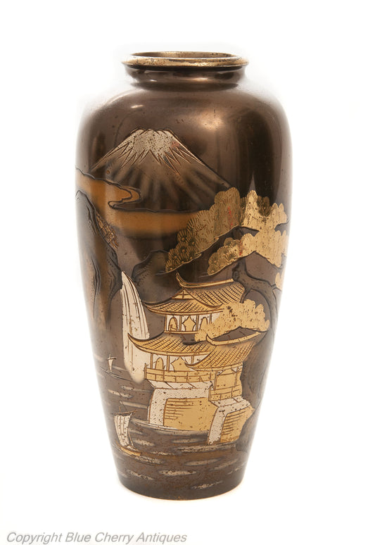 Pair Antique Meiji Japanese Bronze & Mixed Metal Damascene Vases with Mount Fuji (Code 1908)